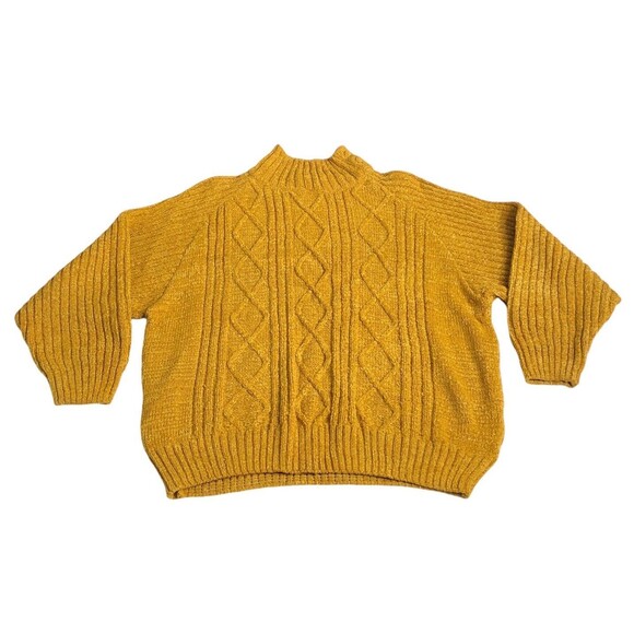 Vintage Bugia Sweater L Yellow Fisherman Cable Knit Wool Blend Mock Neck Italy - Picture 1 of 16